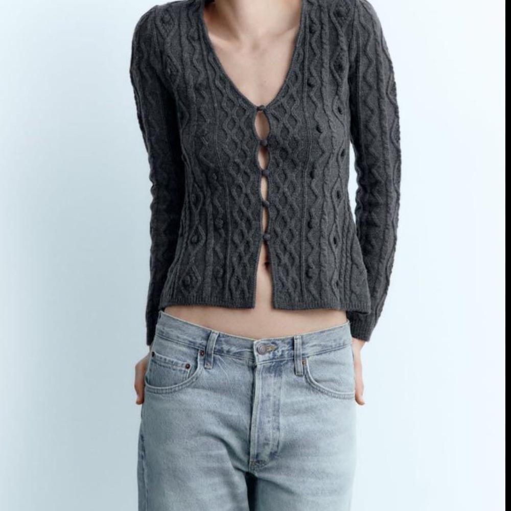 Zara Gray Cable Knit Cardigan Sweater